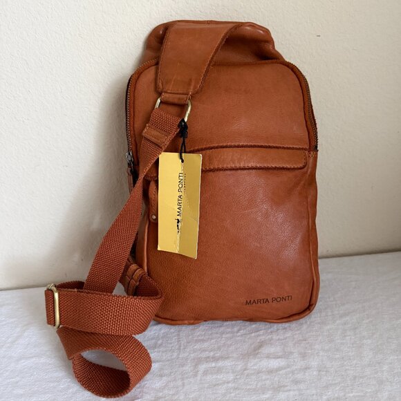 Marta Ponti Of Portugal Soft Washed Leather Sling Backpack Cognac Brown Bag NEW - Picture 10 of 16